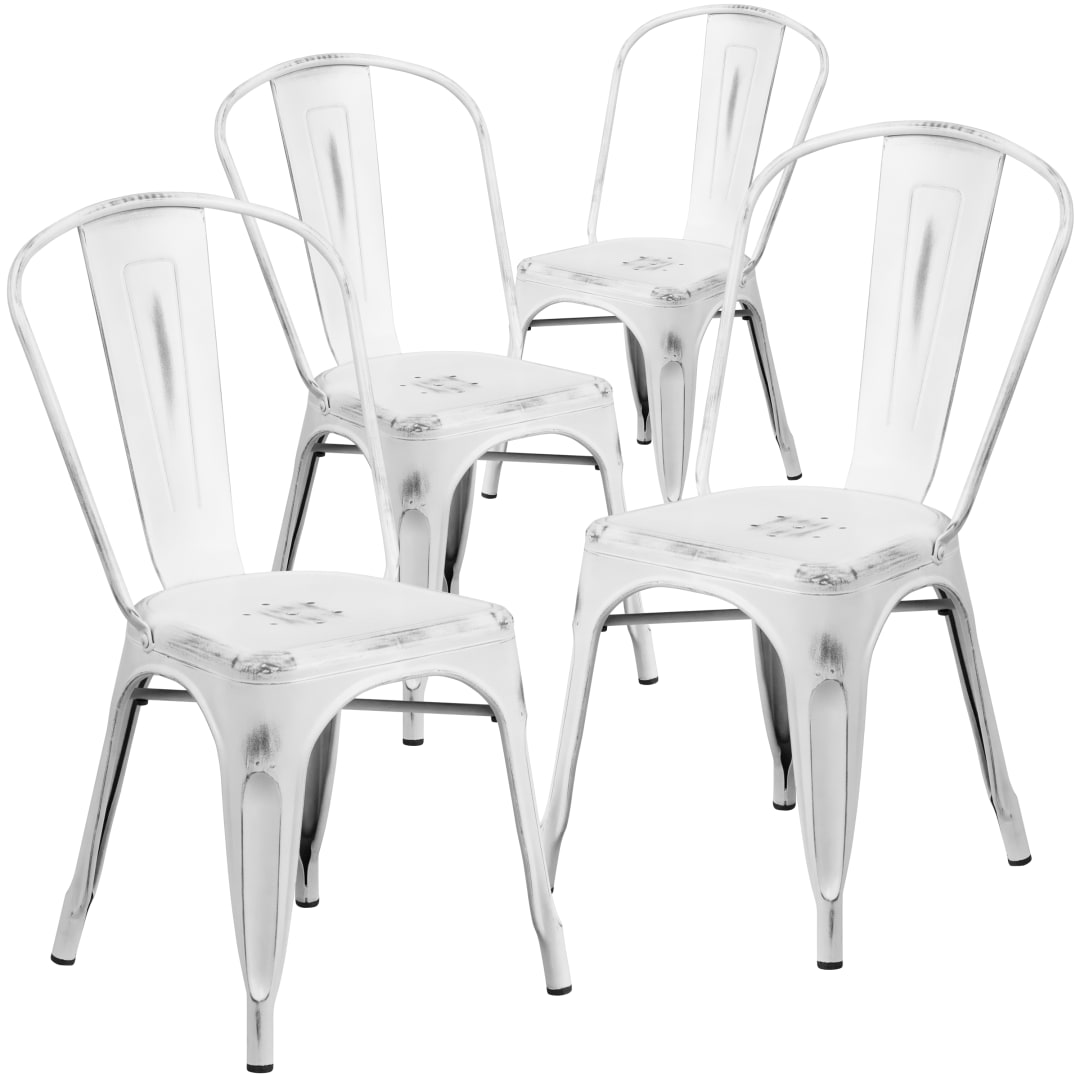 Blake Commercial Grade 4 Pack Distressed White Metal Indoor-Outdoor Stackable Chair