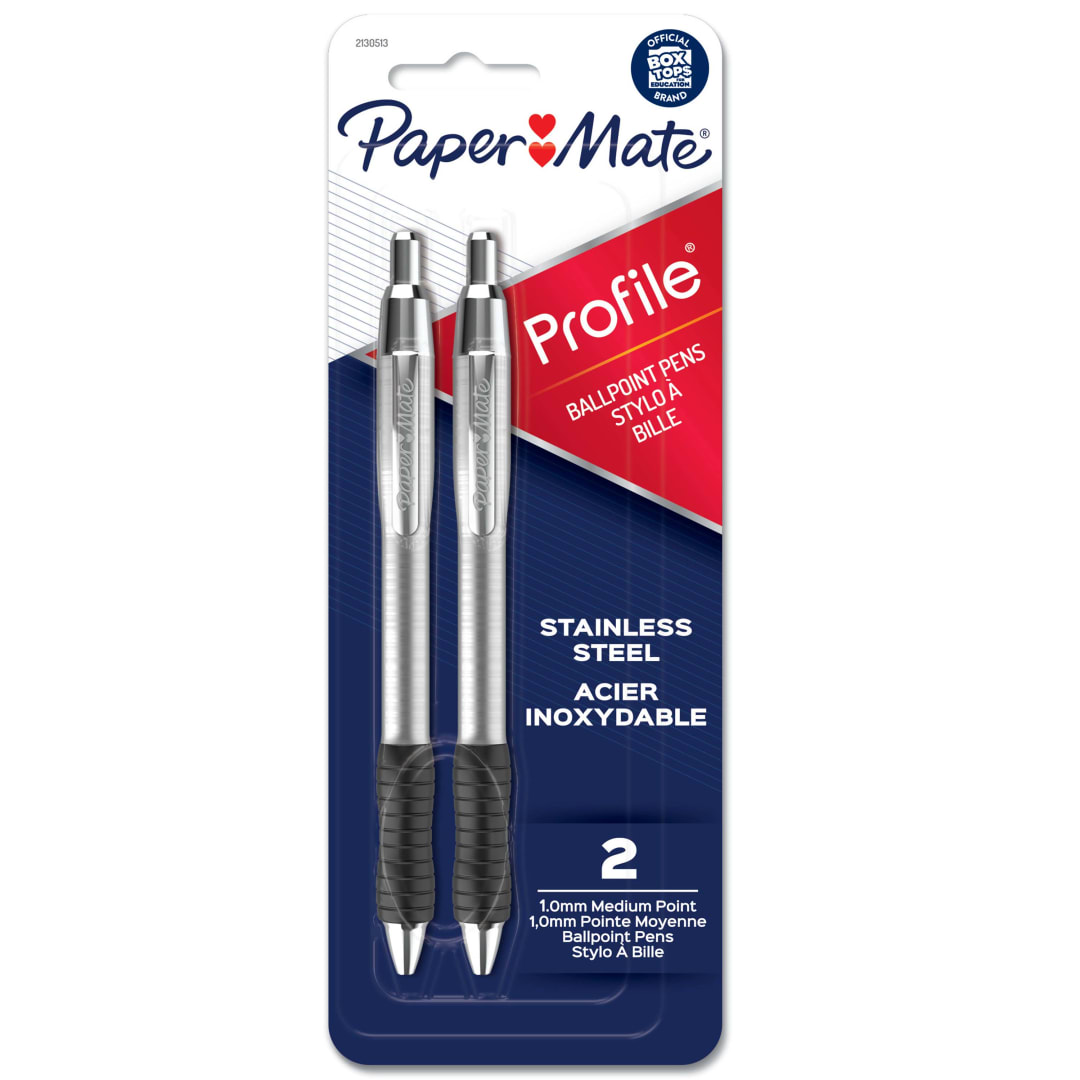 Paper Mate® Profile® Ballpoint Pens, Retractable Pen with Stainless Steel Barrel, 1.0 mm, Black Ink, 2 Count