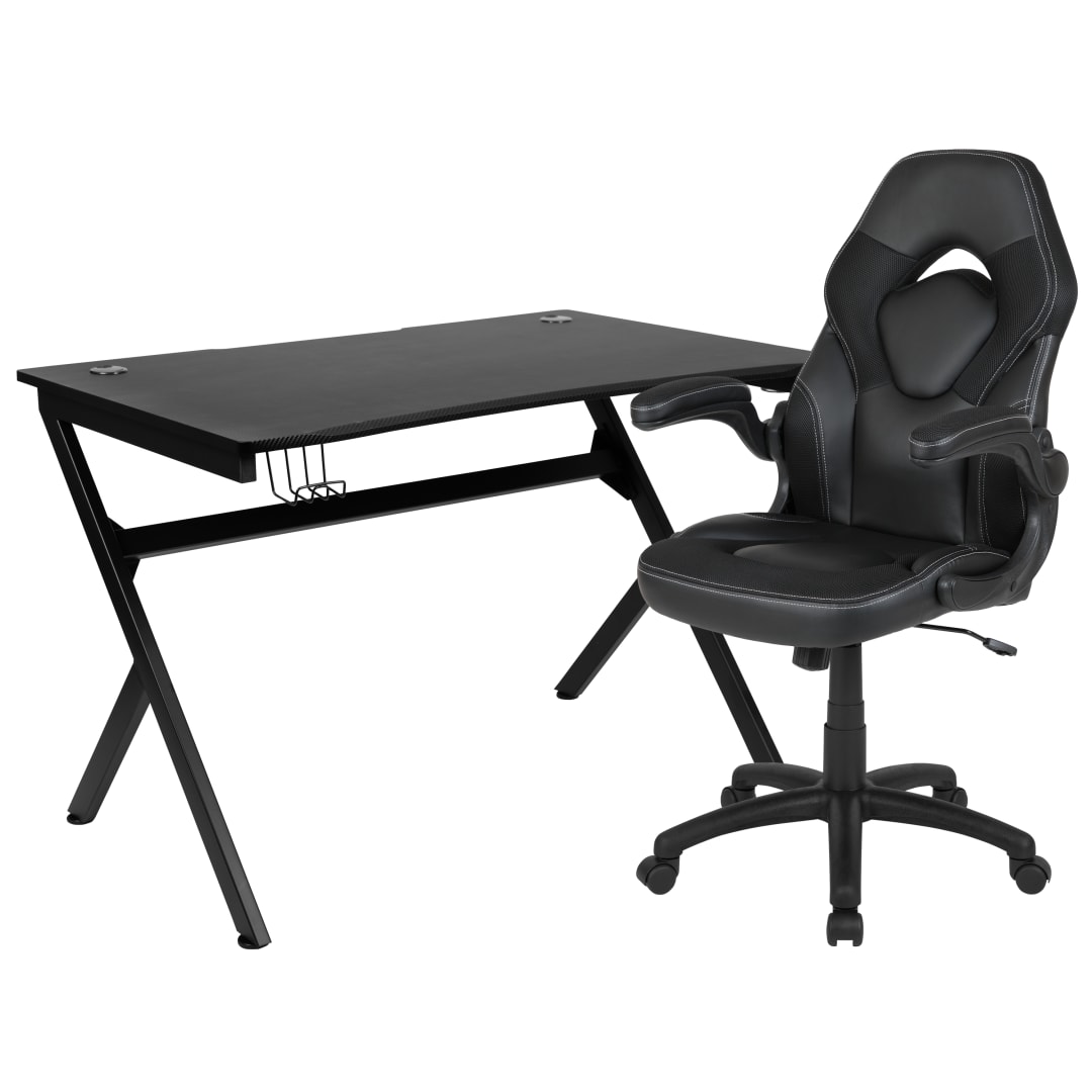 Optis Black Gaming Desk and Black Racing Chair Set with Cup Holder, Headphone Hook &amp; 2 Wire Management Holes