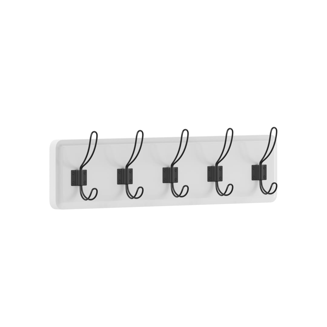 Daly Wall Mounted 24 Inch Solid White Solid Pine Wood Storage Rack with 5 Hooks For Entryway, Kitchen, Bathroom