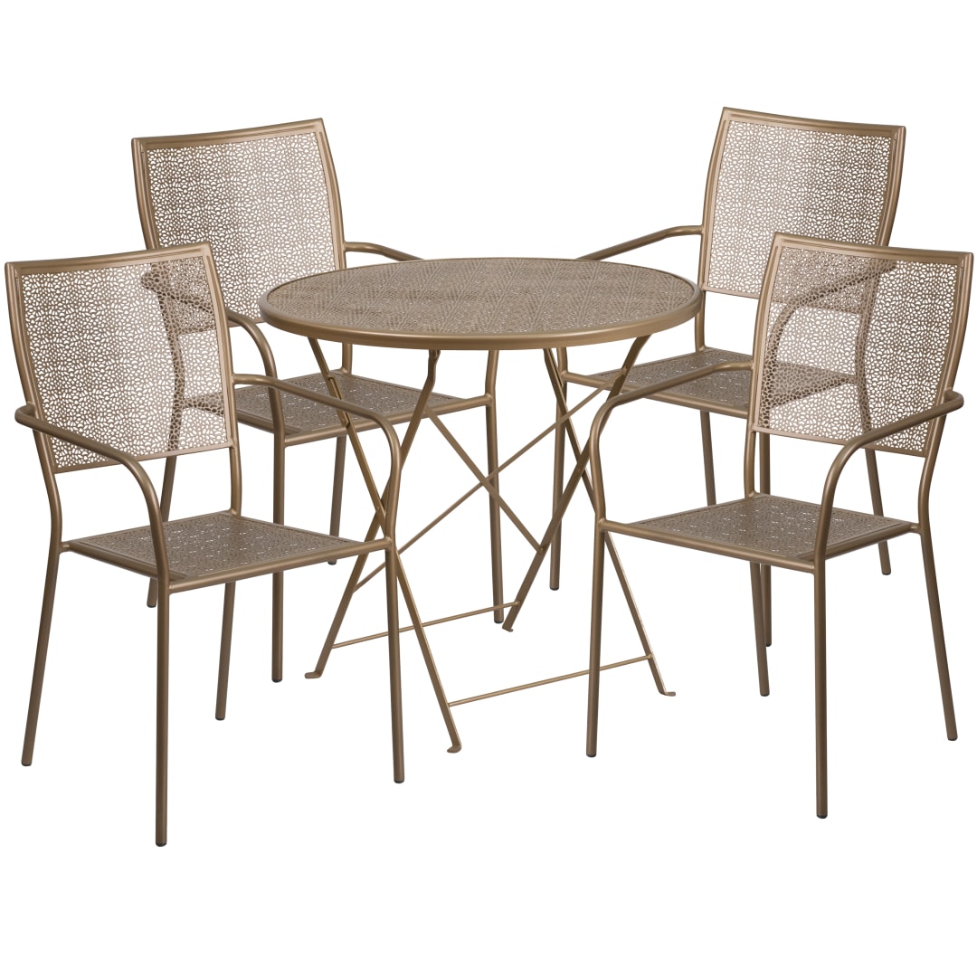 Oia Commercial Grade 30" Round Gold Indoor-Outdoor Steel Folding Patio Table Set with 4 Square Back Chairs