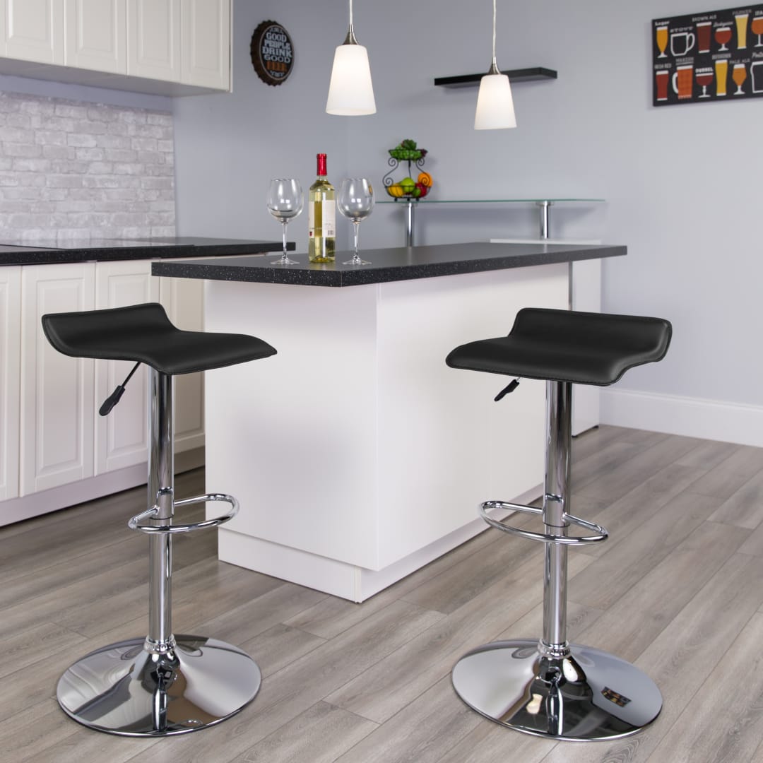 Dax Contemporary Black Vinyl Adjustable Height Barstool with Solid Wave Seat and Chrome Base