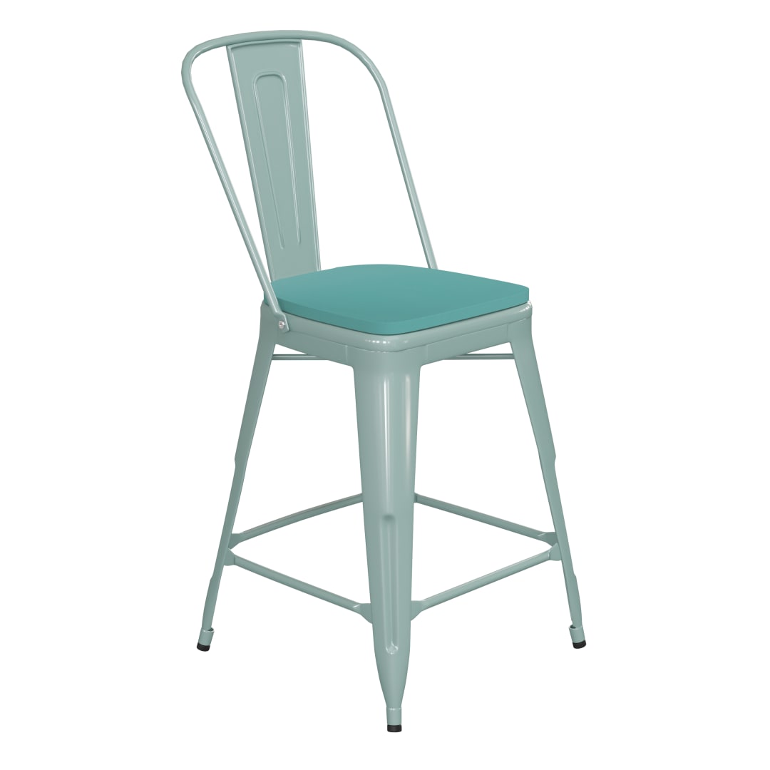 Carly Commercial Grade 24" High Mint Green Metal Indoor-Outdoor Counter Height Stool with Back with Mint Green Poly Resin Wood Seat