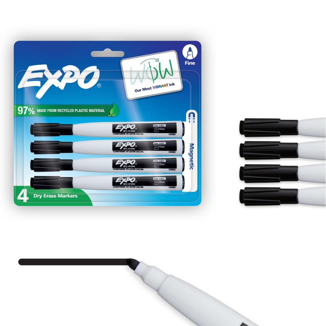 EXPO Magnetic Dry Erase Markers with Eraser, Black, Fine Tip, 4 Count