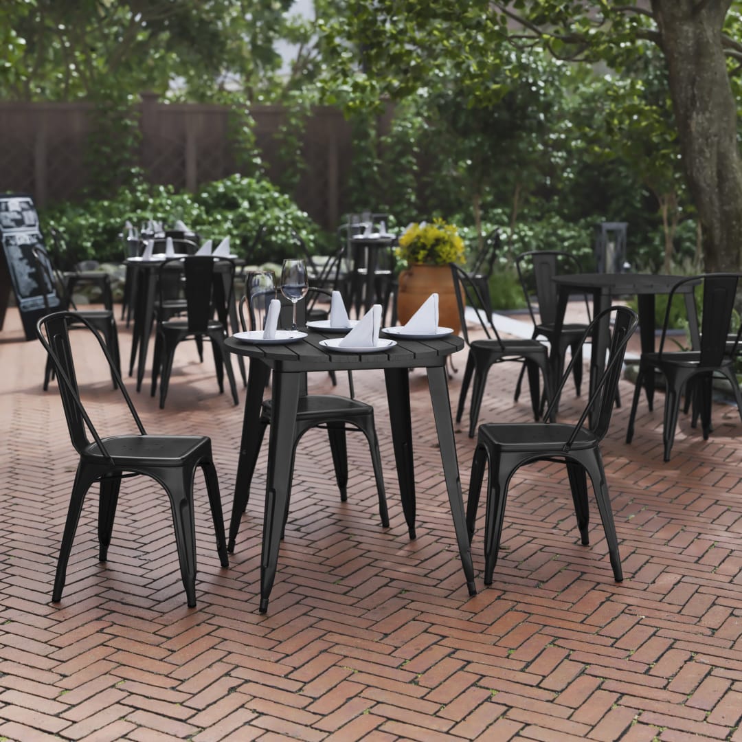 Declan Commercial Grade Indoor/Outdoor Dining Table, 30" Round All Weather Black Poly Resin Top with Black Steel Base