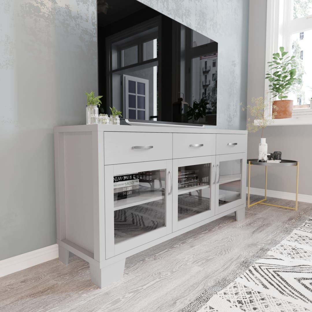 Wells White 59 Inch Modern Kitchen and Dining Room Buffet Sideboard Storage Cabinet, Engineered Wood with 3 Tempered Glass Doors and 3 Drawers