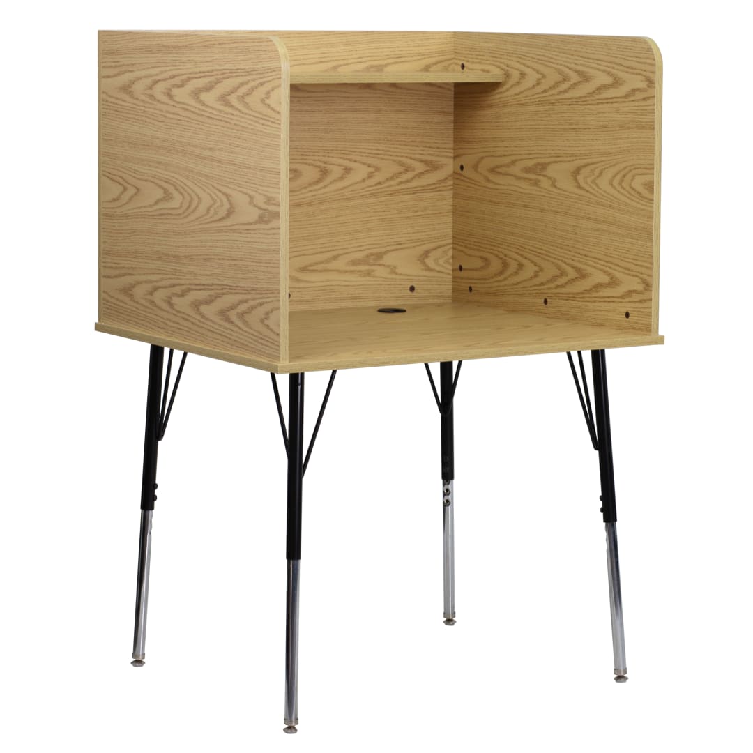 Justin Stand-Alone Study Carrel with Top Shelf - Height Adjustable Legs and Wire Management Grommet - Oak Finish
