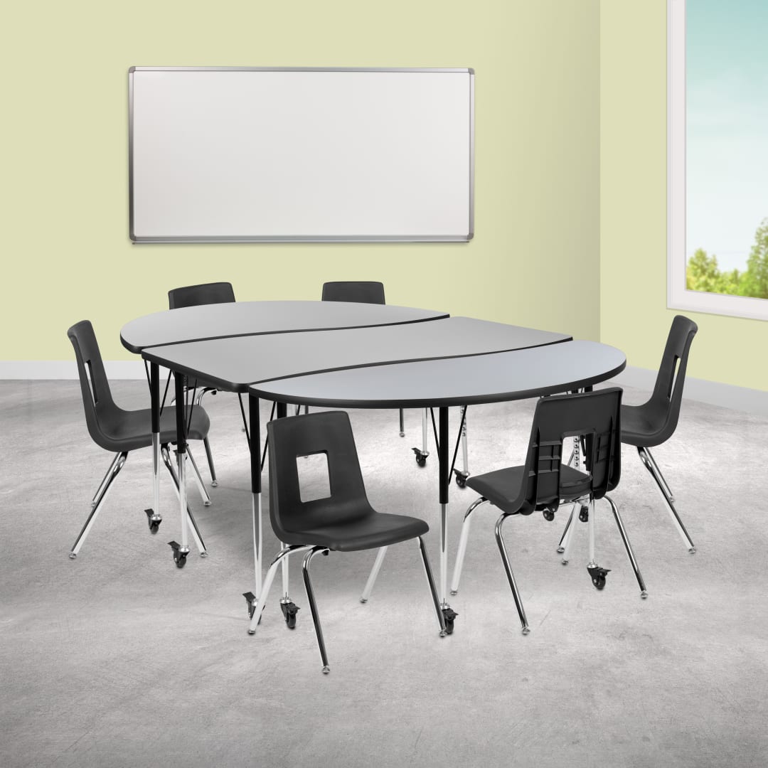 Emmy Mobile 86" Oval Wave Flexible Laminate Activity Table Set with 16" Student Stack Chairs, Grey/Black