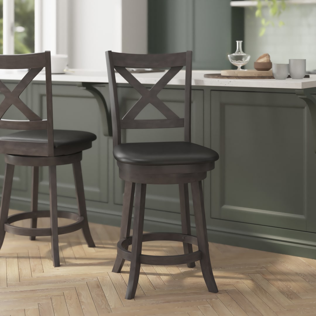 Felicity Commercial Grade Wood Classic Crossback Swivel Counter Height Barstool with Padded Black LeatherSoft Seat, Gray Wash Walnut