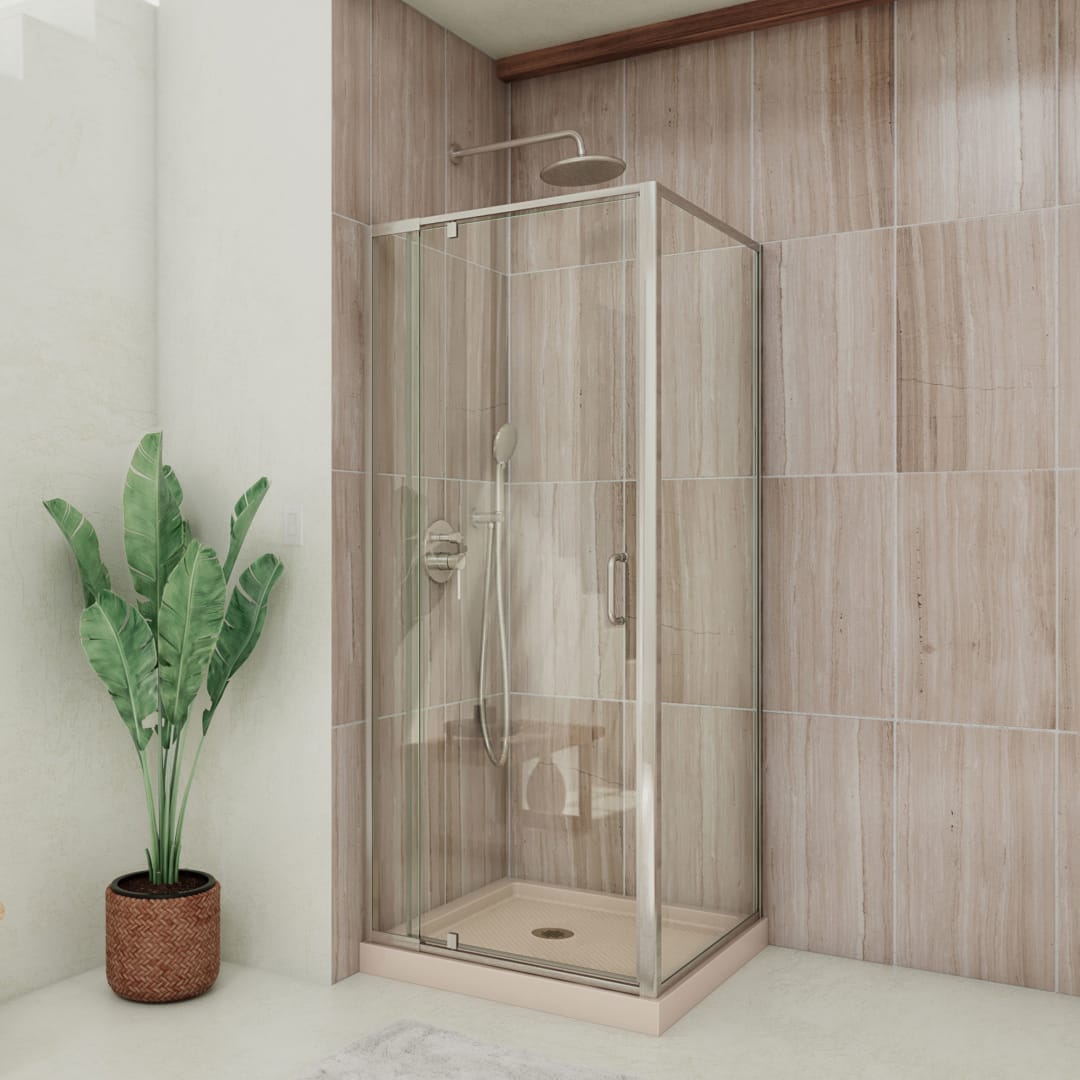 DreamLine Flex 36 inch D x 36 inch W x 74 3/4 inch H Semi-Frameless Pivot Clear Shower Enclosure in Brushed Nickel and Biscuit Shower Base Kit