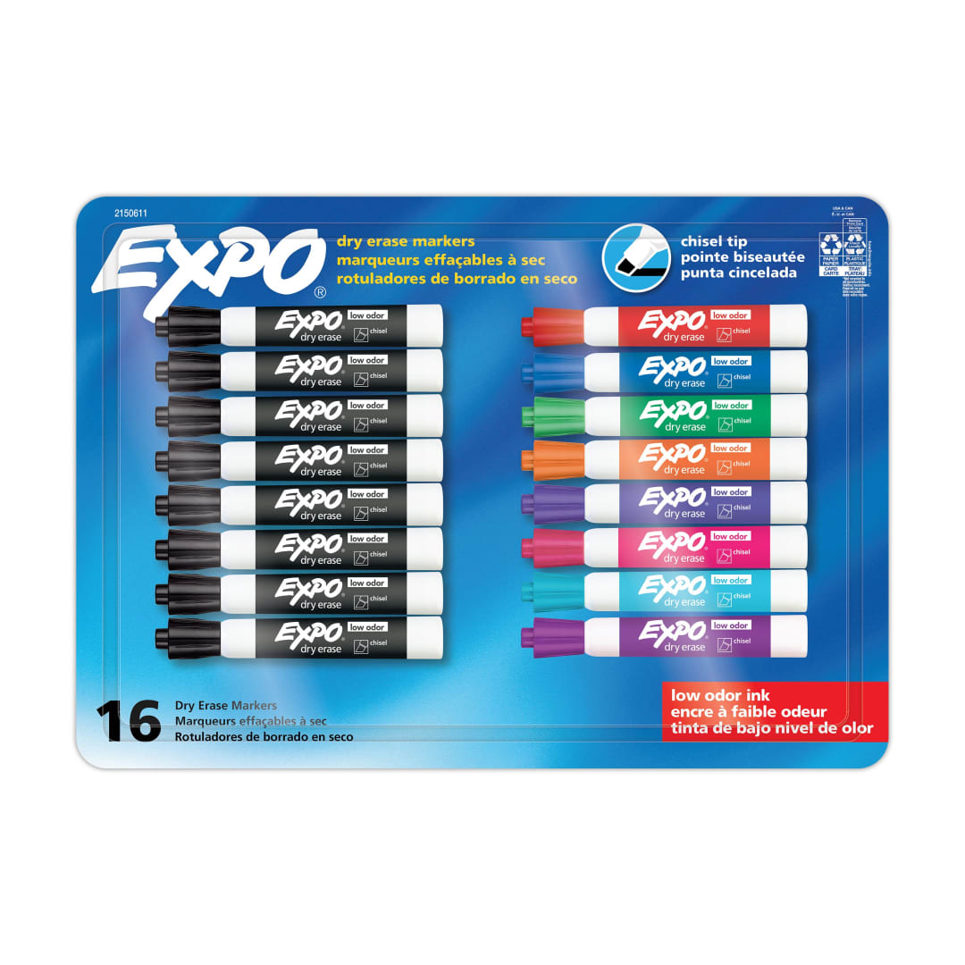 EXPO® Low Odor Dry Erase Markers, Chisel Tip, Assorted Colors, 16 Count