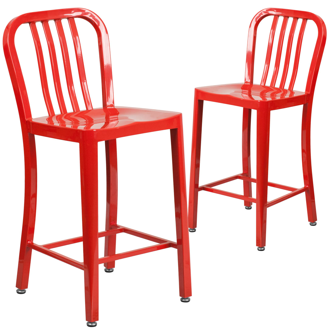 Gael Commercial Grade 2 Pack 24" High Red Metal Indoor-Outdoor Counter Height Stool with Vertical Slat Back