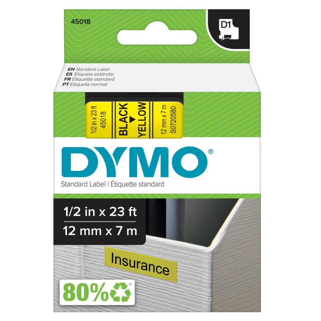 DYMO® Standard D1 Labeling Tape for LabelManager Label Makers, Black print on Yellow tape, 1/2'' W x 23' L, 1 cartridge