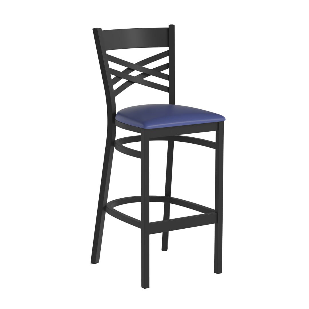 HERCULES Black ''X'' Back Metal Restaurant Barstool - Blue Vinyl Seat