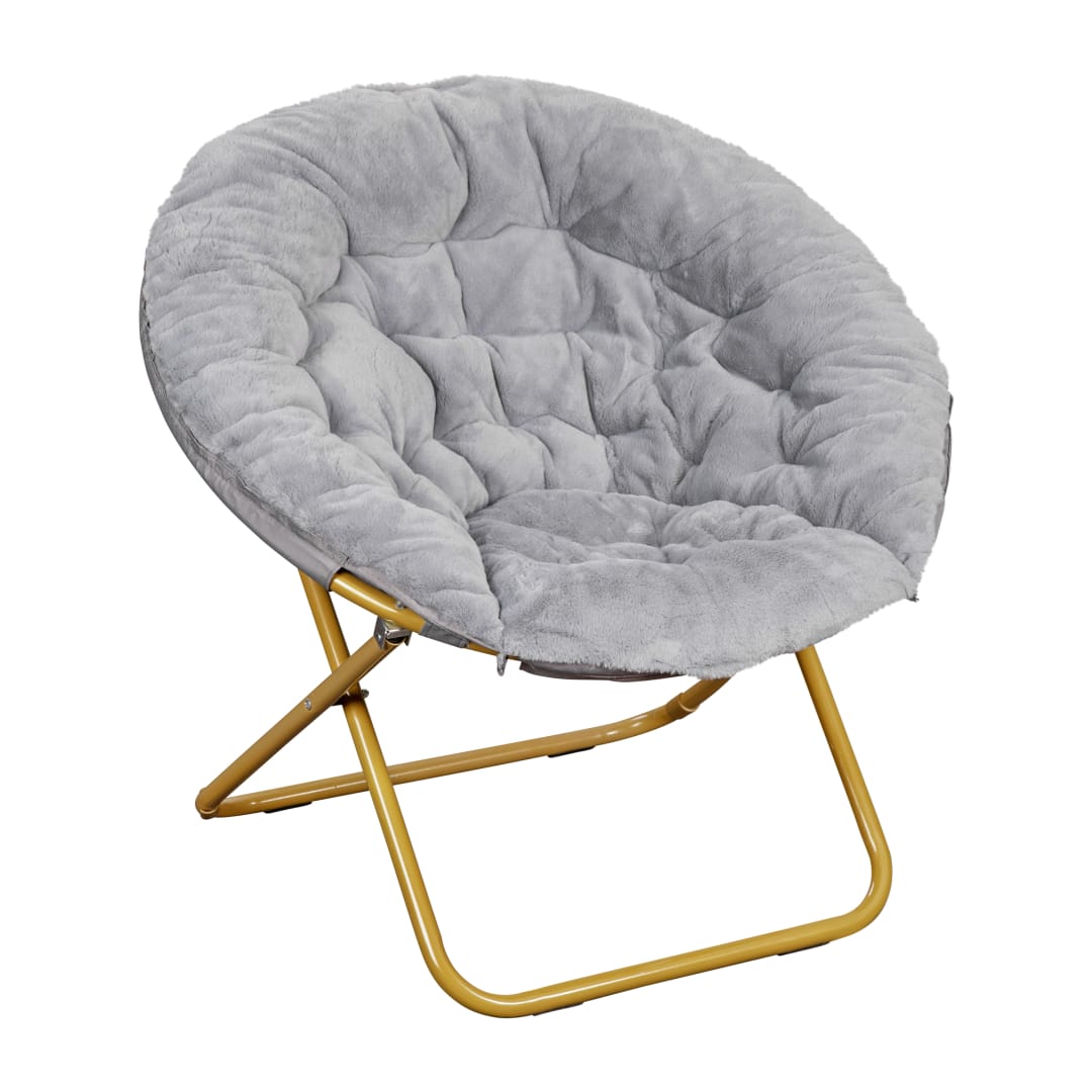 Gwen 38" Oversize Portable Faux Fur Folding Saucer Moon Chair for Dorm and Bedroom, Gray Faux Fur/Soft Gold Frame