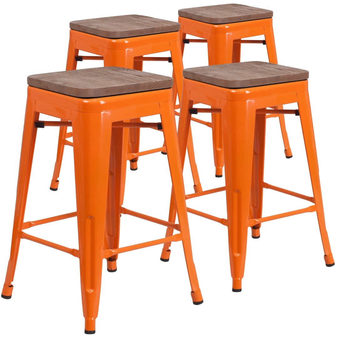 Lily 4 Pk. 24" High Backless Orange Metal Counter Height Stool with Square Wood Seat