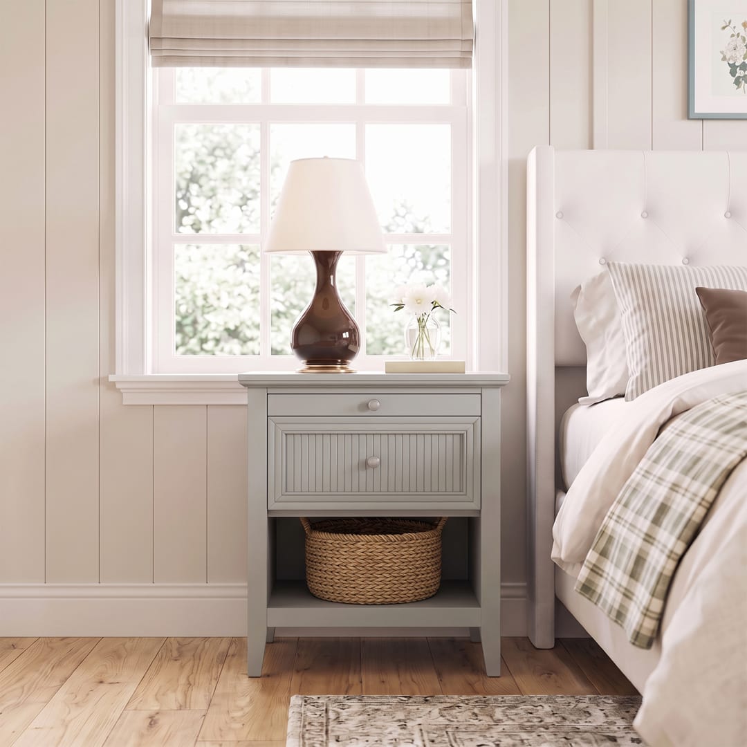 Bedford Fluted 1-Drawer Nightstand with Charging Station, Pull-out Tray, Open Storage Shelf and Solid Wood Frame, Bedford Gray