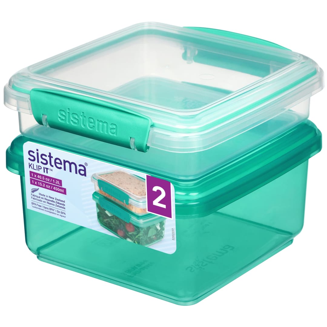 Sistema Lunch Box Plus Sandwich Container | 1.2 Litre Food Storage Container and 450ml. Sandwich Holder| BPA-Free | Minty Teal | 2 Count [81654-8T]