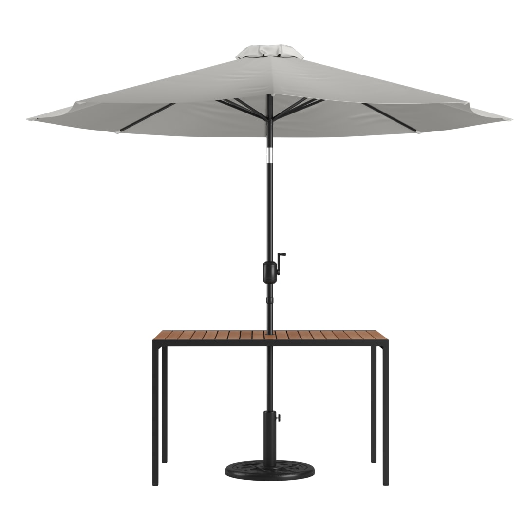Lark 3 Piece Outdoor Patio Table Set - 30" x 48" Synthetic Teak Patio Table with Gray Umbrella and Base