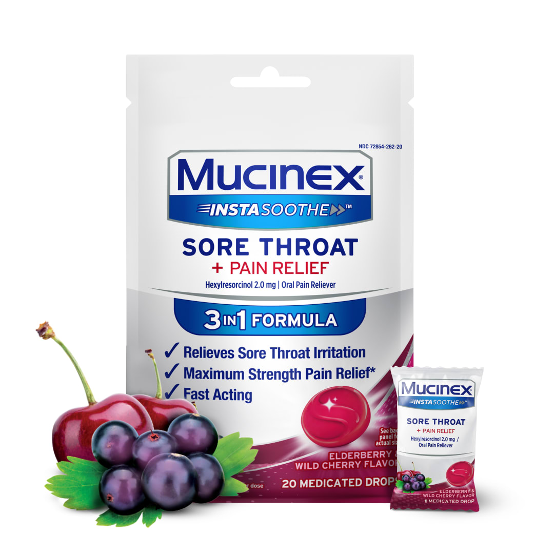 Mucinex InstaSoothe Halsschmerz + Schmerzstillung Holunder & Wildkirsche Geschmack, Schnell wirkend, Leistungsstarker Halsschmerz-Orales Schmerzmittel, 20 Medizierte Lutschtabletten