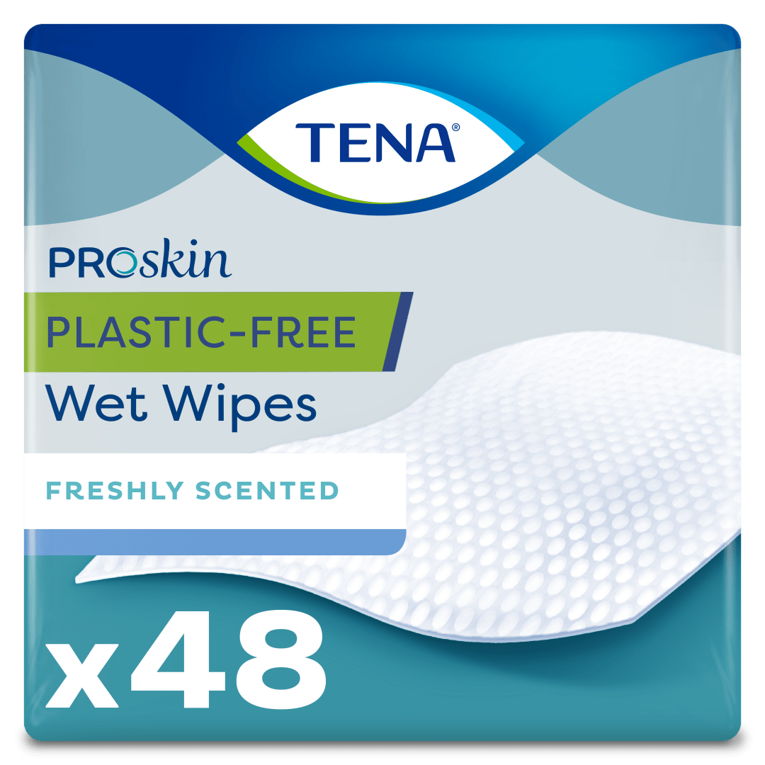 TENA ProSkin Plastic-Free Wet Wipes – Large Pre-Moistened Adult Wipes for Cleansing, Moisturising &amp; Skin Protection, Made from 100% Viscose - Pack of 48