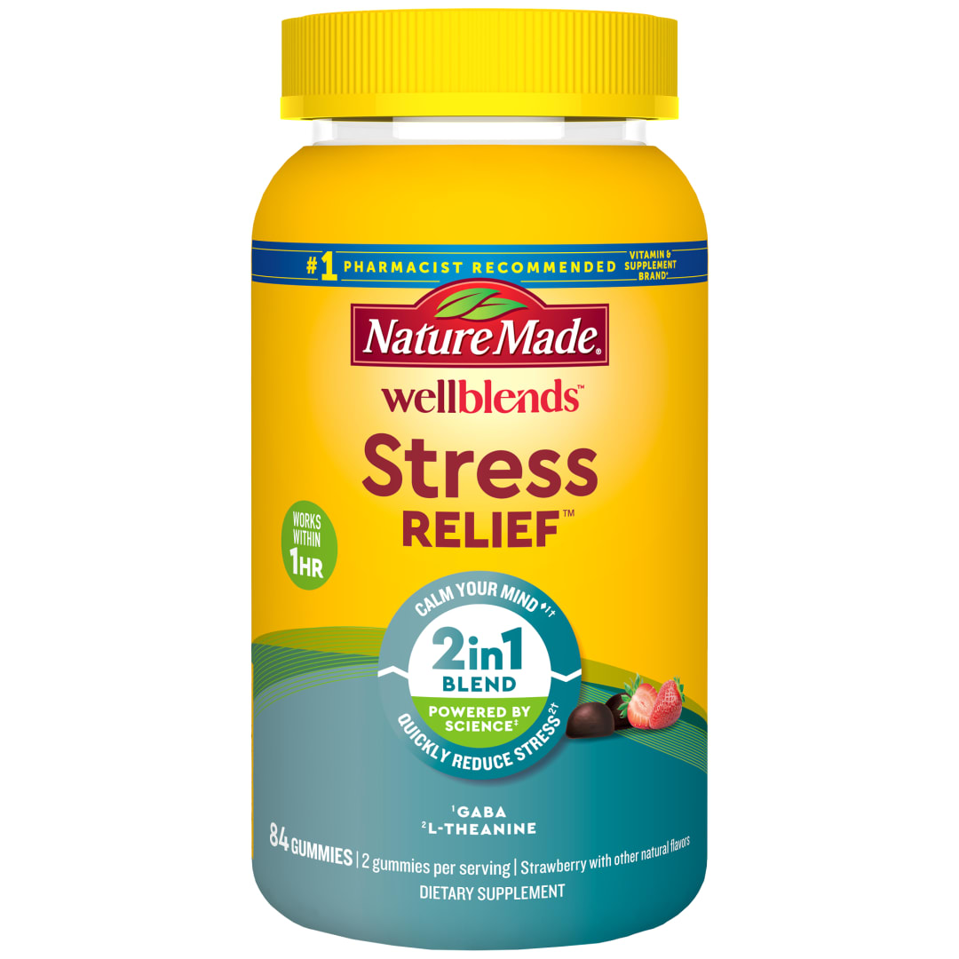 Nature Made Wellblends Stress Relief Gummies, L-theanine to help reduce stress, with GABA, Same Day Stress Support, 84 Strawberry Flavor Gummies