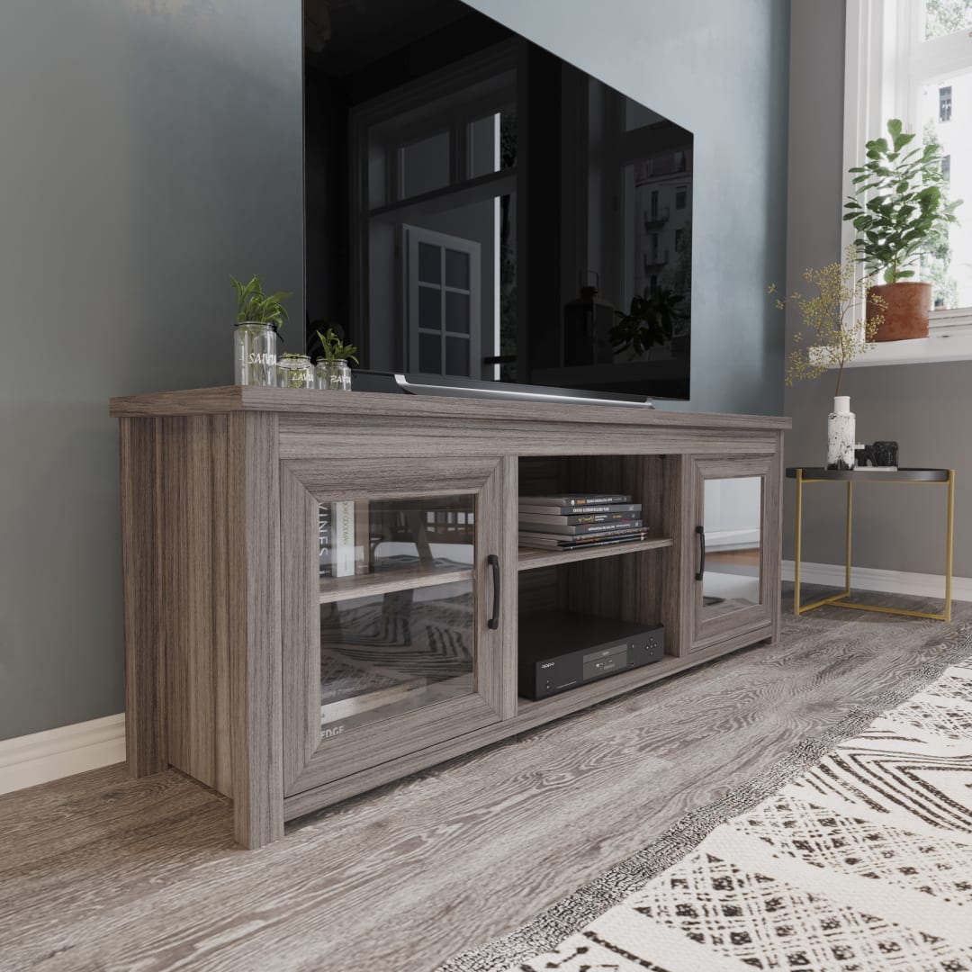 Sheffield Classic TV Stand up to 80" TVs - Gray Wash Oak Finish with Full Glass Doors - 65" Engineered Wood Frame - 3 Shelves