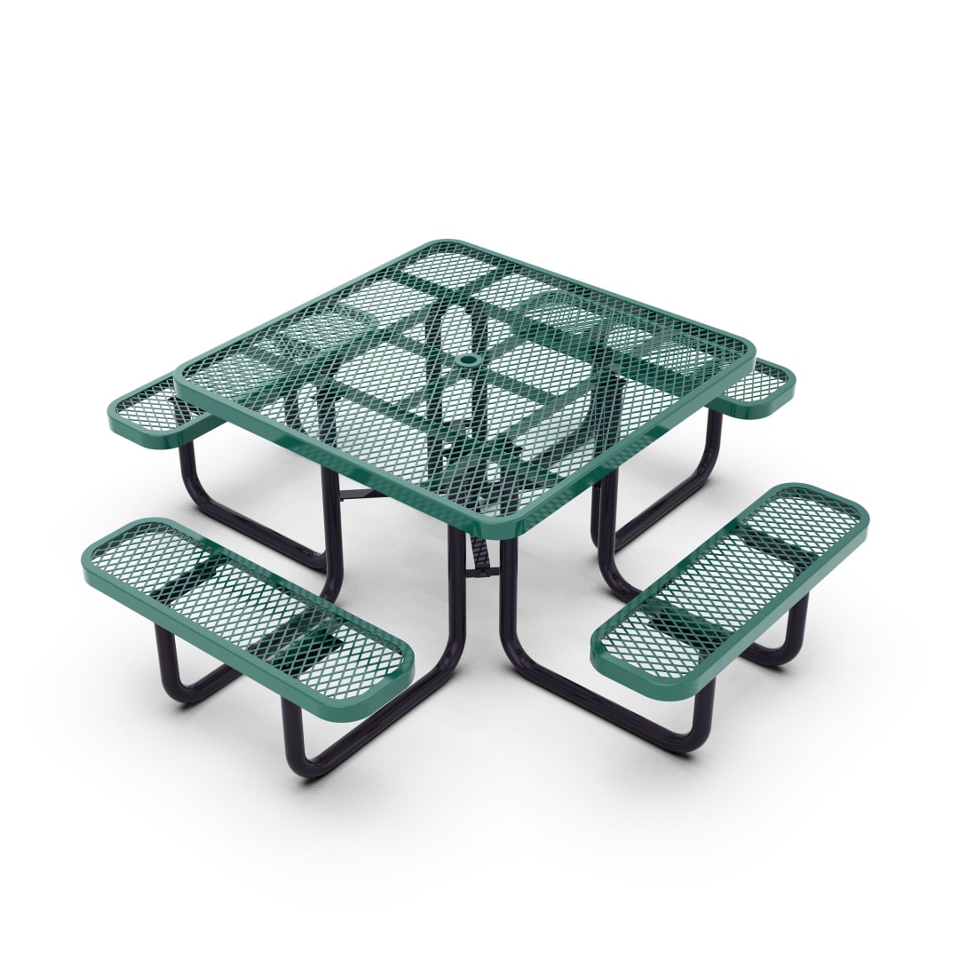 Creekside 46" Square Outdoor Picnic Table with Commercial Grade Heavy Gauge Green Expanded Metal Mesh Top and Seats and Black Steel Frame with Anchors