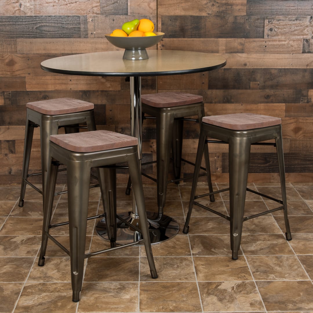 Cierra 24" High Metal Counter-Height, Indoor Bar Stool with Wood Seat in Gun Metal Gray - Stackable Set of 4