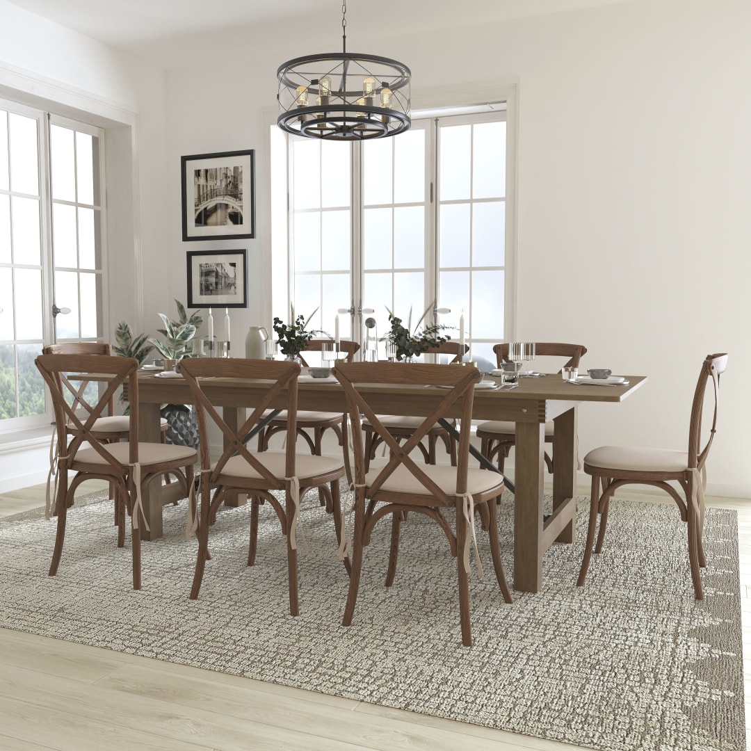 HERCULES Series 8' x 40'' Antique Rustic Folding Farm Table Set with 8 Cross Back Chairs and Cushions
