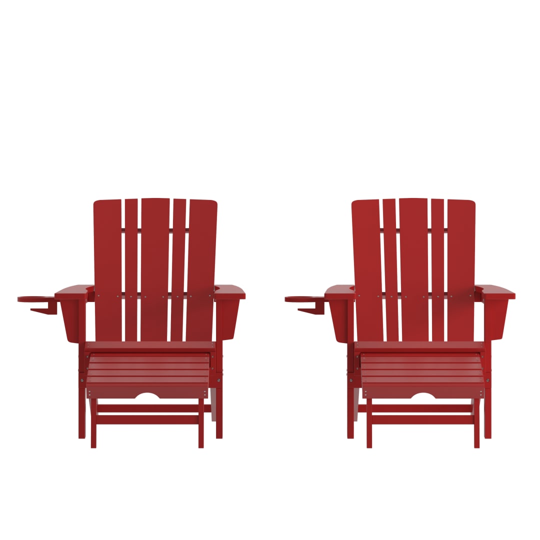 Halifax HDPE Adirondack Chair with Cup Holder and Pull Out Ottoman, All-Weather HDPE Indoor/Outdoor Lounge Chair in Red, Set of 2