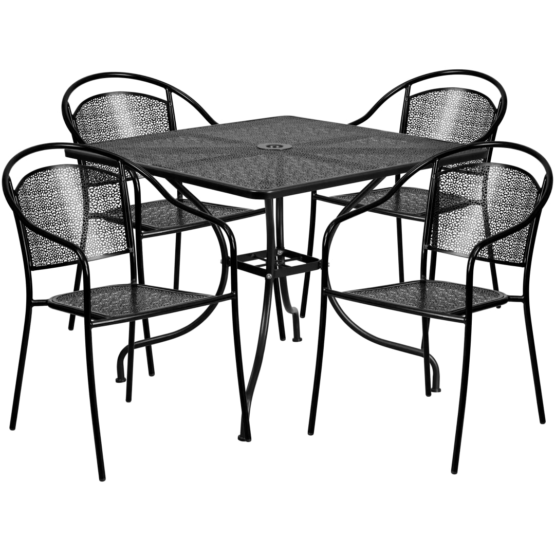 Oia Commercial Grade 35.5" Square Black Indoor-Outdoor Steel Patio Table Set with 4 Round Back Chairs