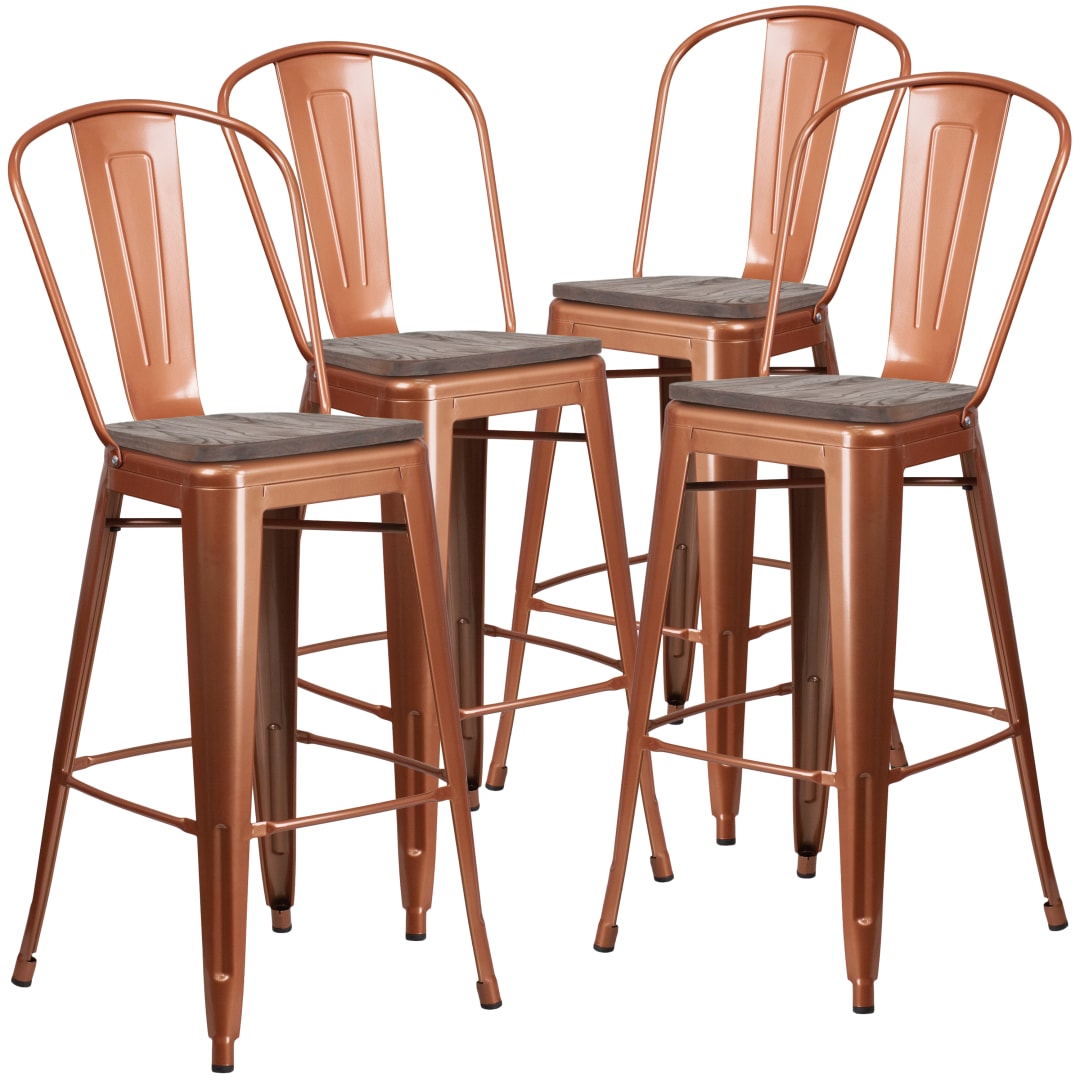 Blake 4 Pk. 30" High Copper Metal Barstool with Back and Wood Seat