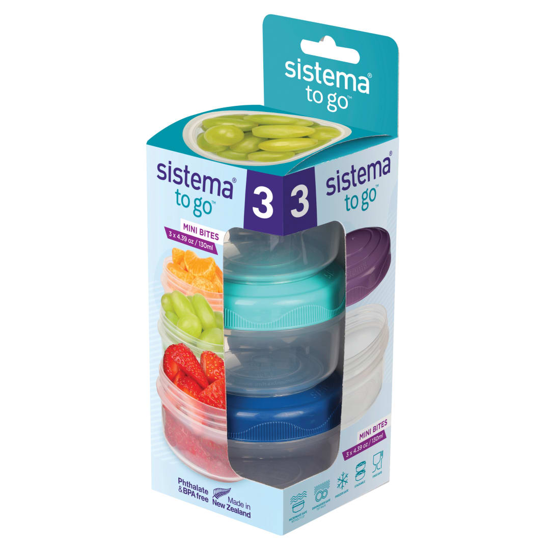 Sistema Snack Pots Mini Bites TO GO | 130 ml | Fiambreras apilables para aperitivos con tapas | Taper plastico | Tapas verderosa y azul | 3 unidades