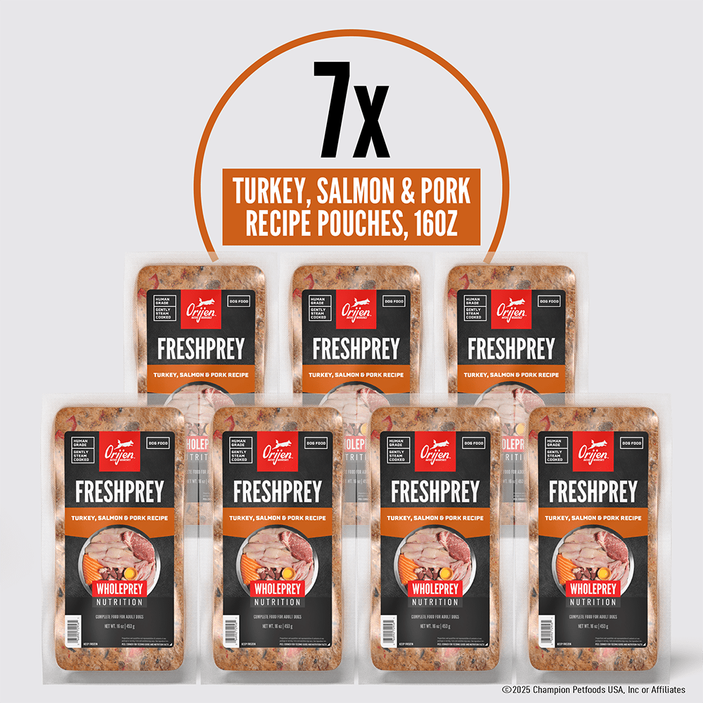 ORIJEN FRESHPREY Frozen Dog Food – 100% Human Grade, Gently Steam Cooked, Thaw and Serve - 85% Animal Ingredients* – Turkey, Salmon & Pork Recipe – Complete Food for Adult Dogs