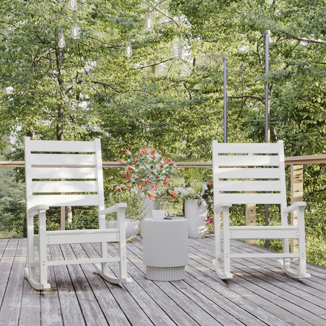 Manchester Set of 2 Contemporary Rocking Chairs, All-Weather HDPE Indoor/Outdoor Rockers in White