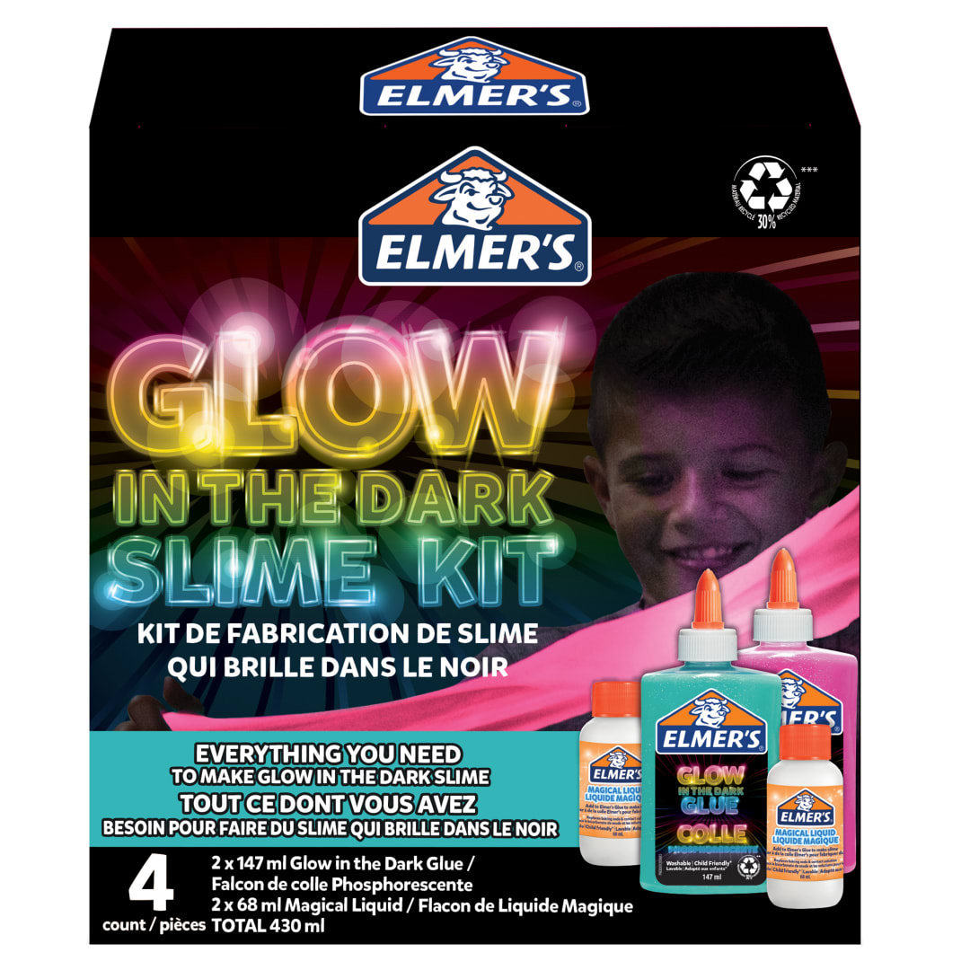 Elmer’s Glow in the Dark kit para Slimeincluye pegamento Elmer’s Glow in the Dark y activador líquido mágico para slime Elmer’skit de 4 unidades