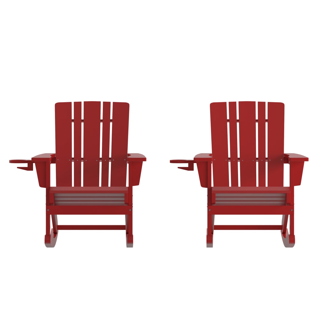Halifax Adirondack Rocking Chair with Cup Holder, Weather Resistant HDPE Adirondack Rocking Chair in Red, Set of 2