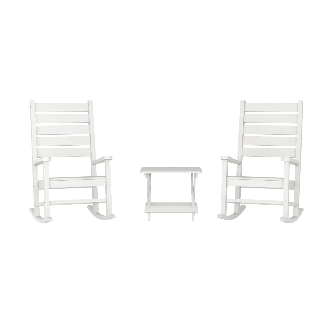 Manchester Commercial Grade 3-Piece Indoor/Outdoor Set with 2 Contemporary All-Weather HDPE Rocking Chairs and End Table in White