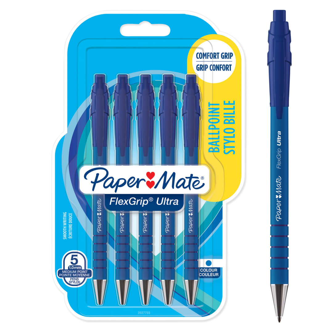 Paper Mate® FlexGrip® Ultra® Retractable Ballpoint Pens | Medium Point (1.0mm) | Blue | 5 Count