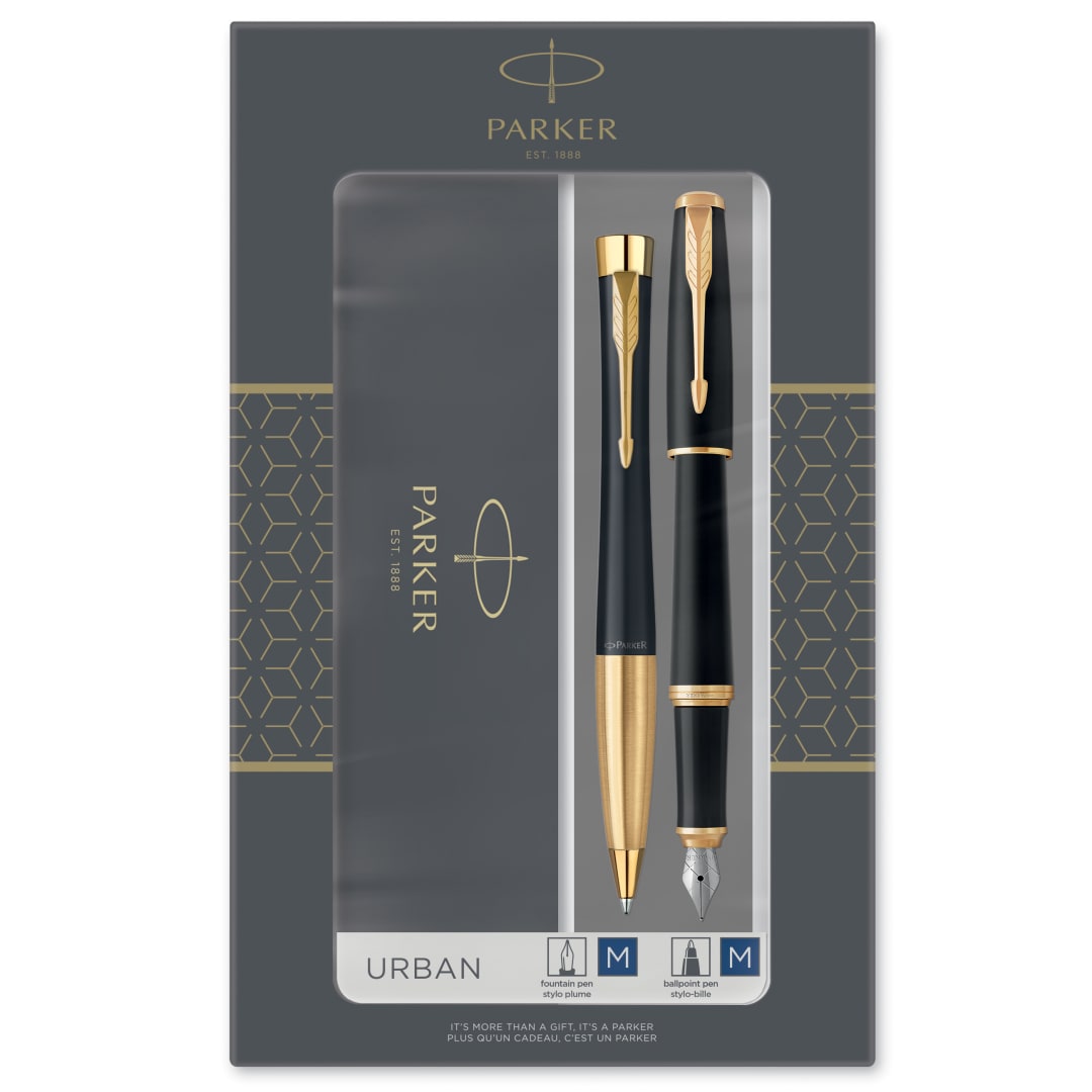 Parker Urban set de regalo doble con bolígrafo y pluma estilográficanegro tenue con adorno doradocartucho y recambio de tinta azulestuche de regalo