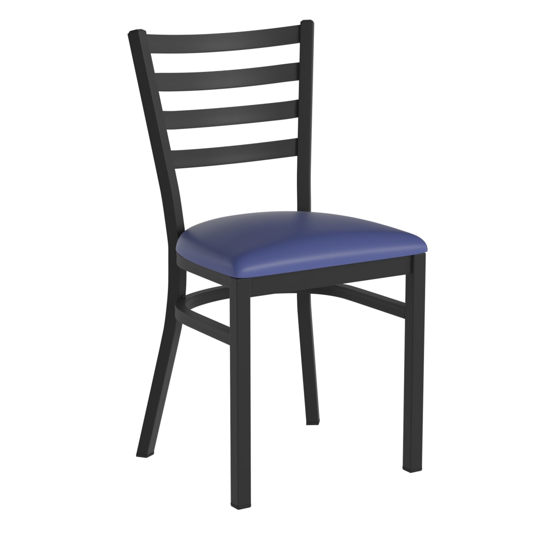 HERCULES Black Ladder Back Metal Restaurant Chair - Blue Vinyl Seat