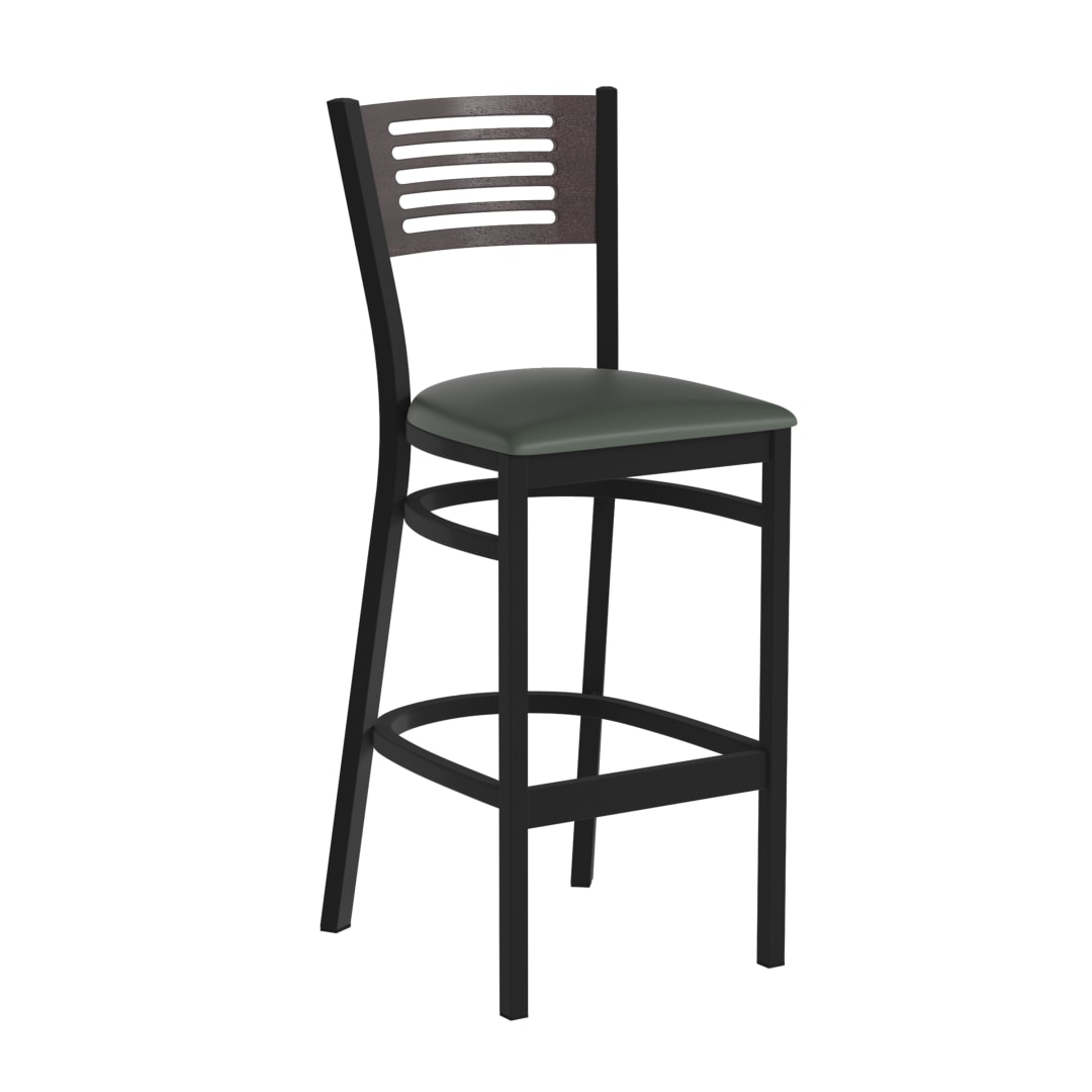 HERCULES Black Slat Back Metal Restaurant Barstool - Walnut Wood Back, Green Vinyl Seat
