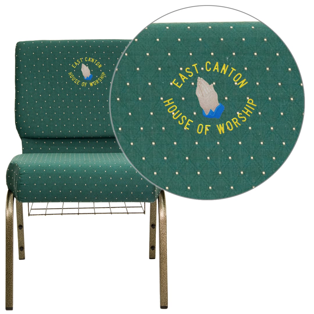 Embroidered HERCULES Series 21''W Church Chair in Hunter Green Dot Patterned Fabric with Book Rack - Gold Vein Frame