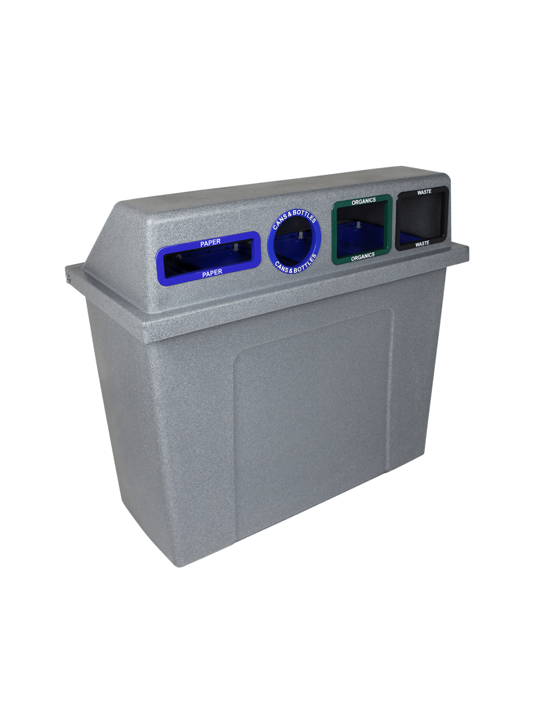  SUPER SORTER - Quad - Kit - Hd - Paper-Cans &amp; Bottles-Organics-Waste - Slot-Circle-Full-Full - Greystone-Blue-Blue-Green-Black