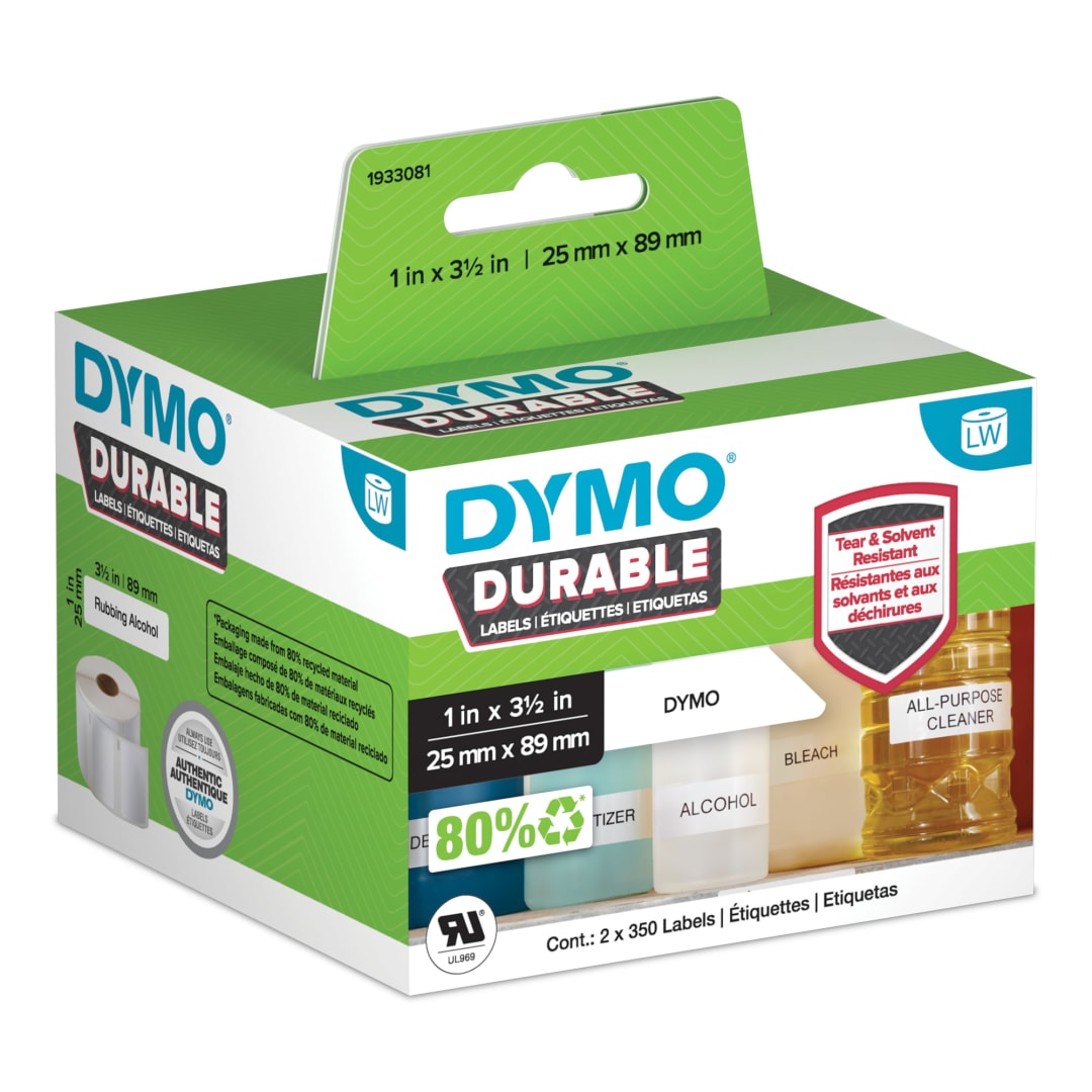 DYMO® LW Durable Industrial Labels for LabelWriter™ Label Printers, White Poly, 1” x 3-1/2”, 2 Rolls of 350 (700 Total)