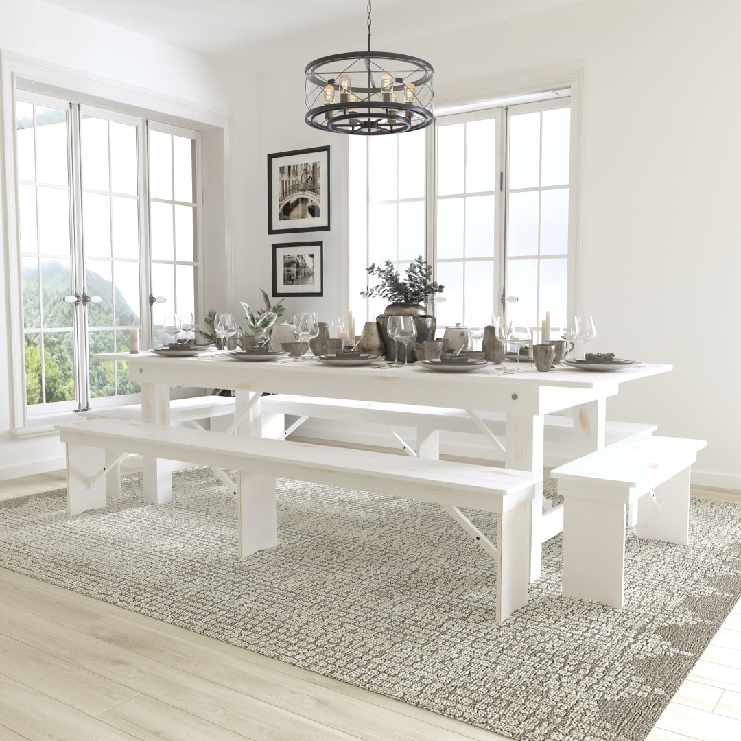 HERCULES Series 9' x 40" Antique Rustic White Folding Farm Table and Four Bench Set