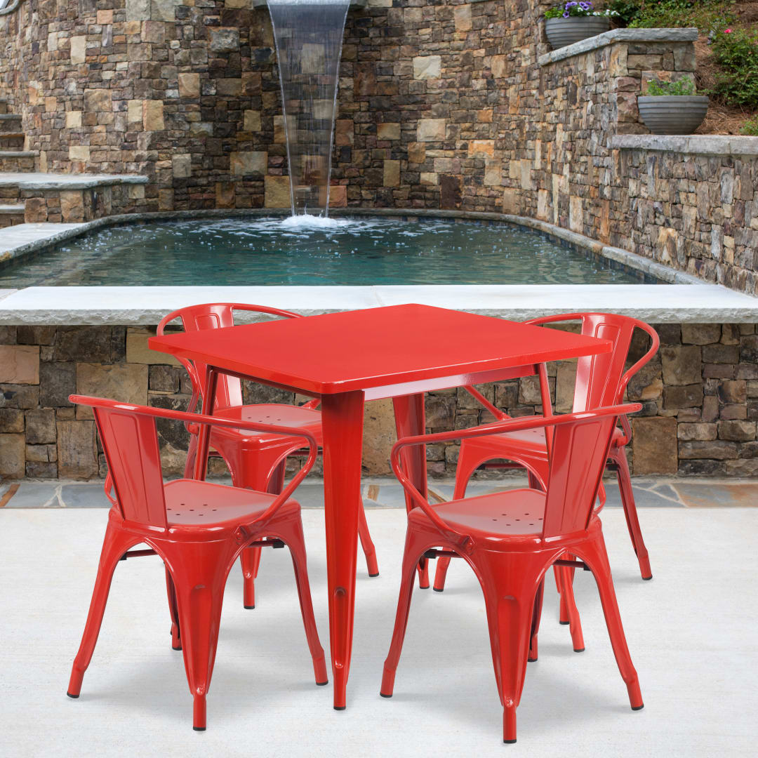 Grady Commercial Grade 31.5" Square Red Metal Indoor-Outdoor Table Set with 4 Arm Chairs