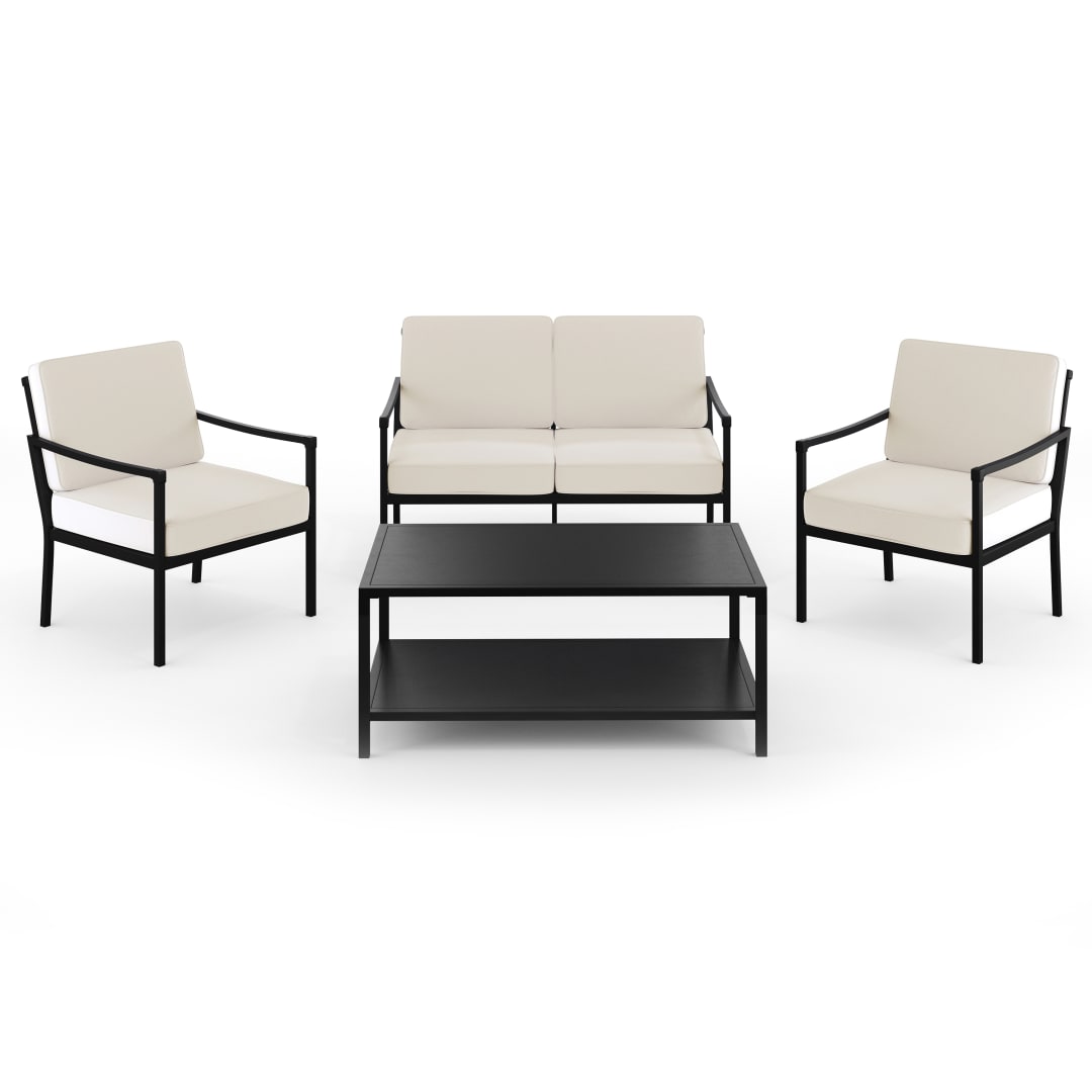 Lily Pond 4-Piece Indoor-Outdoor Conversation Set with Loveseat, 2 Chairs, and Coffee Table with Steel Frames in Black with Cream All-Weather Cushions