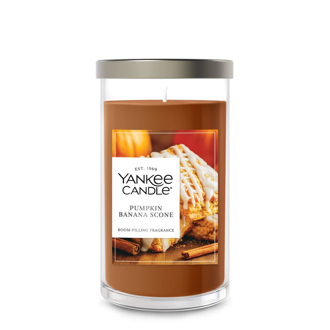 Yankee Candle® Medium Pillar Scented Candle with up to 115 Hour Burn Time, Premium Plant Wax Blend for Consistent Burn, 14.25 oz Pillar Candle with Room Filling Fragrance, Pumpkin Banana Scone